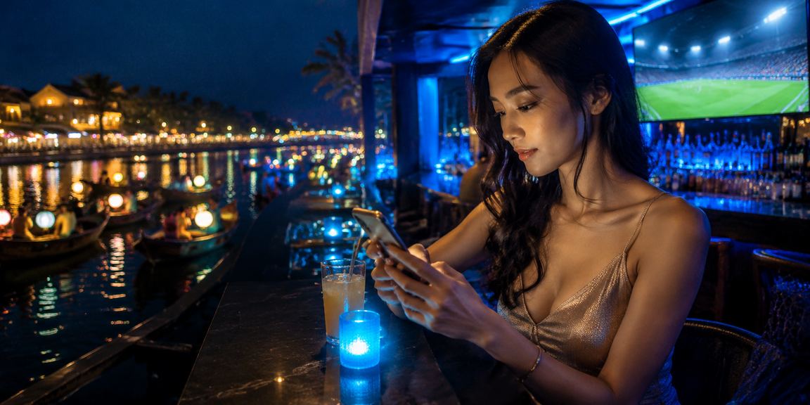 Người chơi baccarat VIP tại bàn live dealer phong cách Hội An với ánh đèn sang trọng