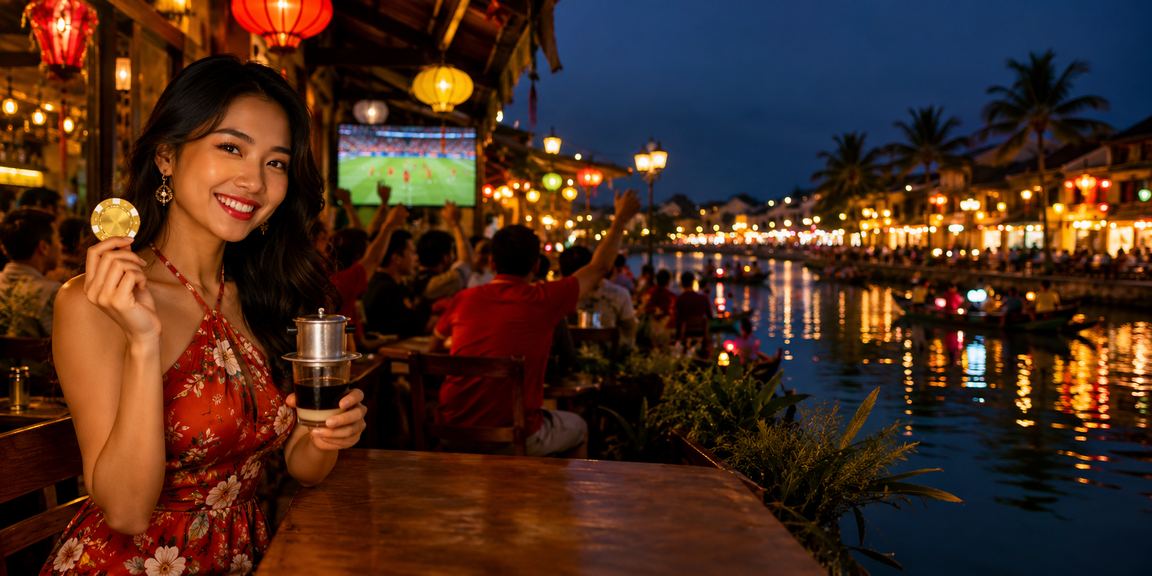 Không gian giải trí casino phong cách Hội An với bàn bài và đèn lung linh buổi tối