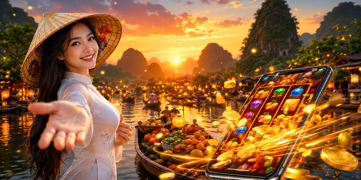 Người dùng chơi slot game tại một điểm du lịch vùng núi non Ninh Bình qua điện thoại